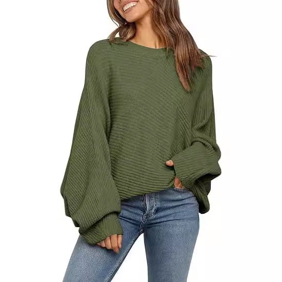 Women's Oversized Crewneck Sweater Batwing Puff Long Sleeve Cable Slouchy Pullover Jumper Tops