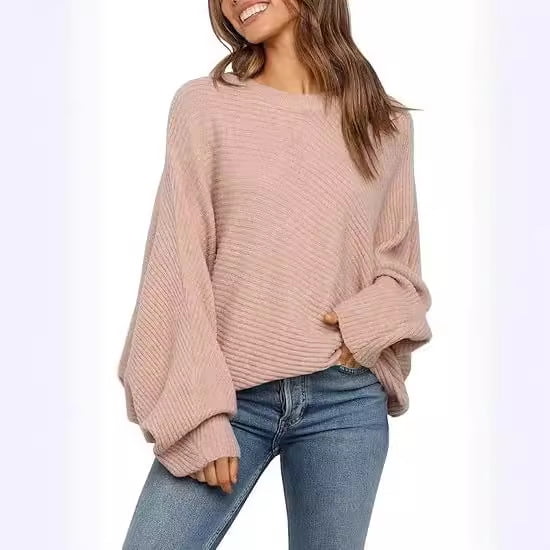 Women's Oversized Crewneck Sweater Batwing Puff Long Sleeve Cable Slouchy Pullover Jumper Tops