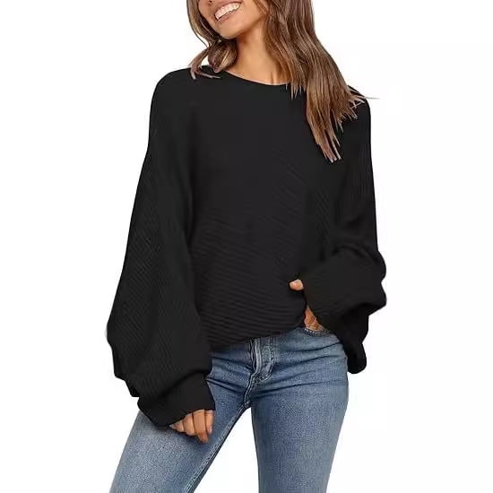 Women's Oversized Crewneck Sweater Batwing Puff Long Sleeve Cable Slouchy Pullover Jumper Tops