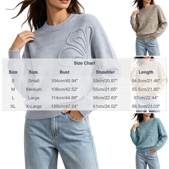 Women's Oversized Crewneck Sweaters 3D Textured Flower Detail Long Sleeve Loose Knit Pullover Soft Warm Jumper Casual Fall Winter Tops Gray