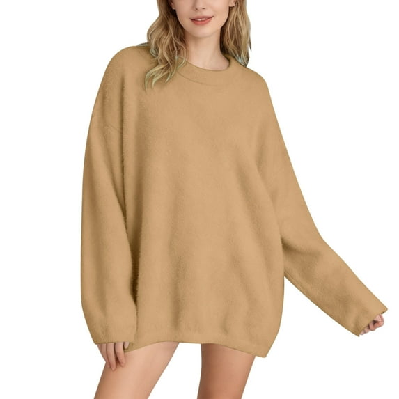 Women's Oversized Crewneck Sweaters Long Sleeve Fuzzy Knit Pullover Solid Color Warm Fall Top Trendy Outfits