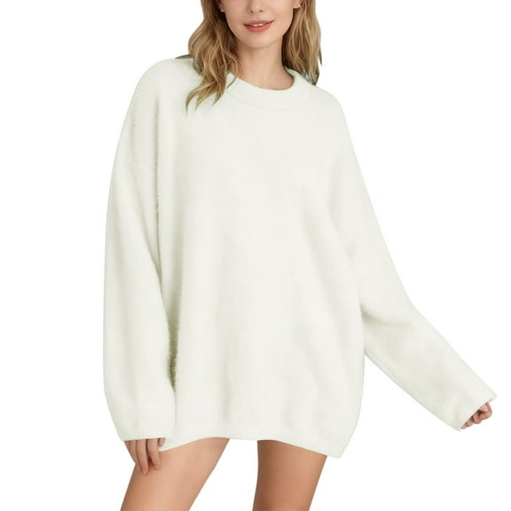 Women's Oversized Crewneck Sweaters Long Sleeve Fuzzy Knit Pullover Solid Color Chunky Warm Fall Top Trendy Outfits