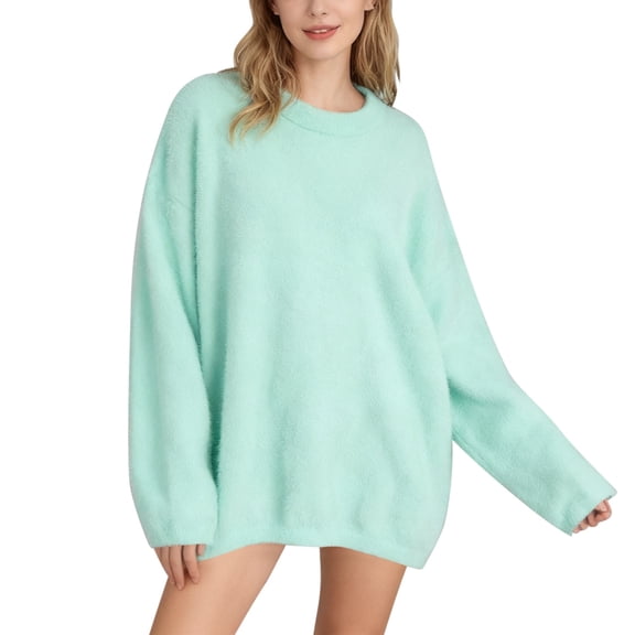 Women's Oversized Crewneck Sweaters Long Sleeve Fuzzy Knit Pullover Solid Color Warm Fall Top Trendy Outfits