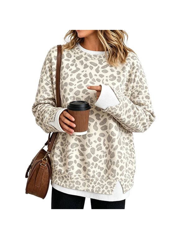 Women's Oversized Crewneck Sweatshirt,Faux Two‑Piece Striped Patchwork Pullover,Loose Fit Side Split Long Sleeve Anti‑Pilling Casual Top for Fall Winter Spring Outfits Beige L