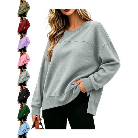 Women's Oversized Crewneck Sweatshirt Long Sleeve Side Slit Loose Pullover Tops Casual Fall Winter Sweatshirt