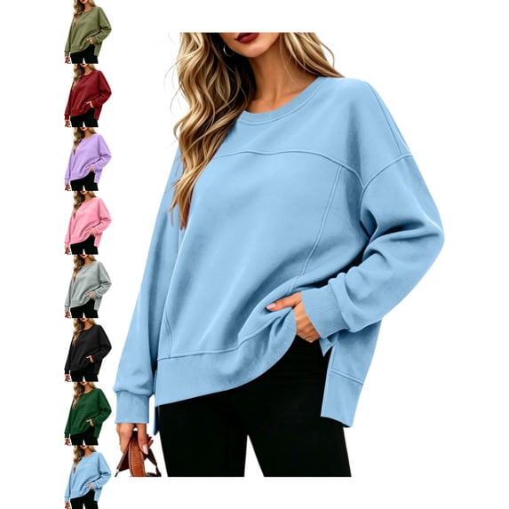 Women's Oversized Crewneck Sweatshirt Long Sleeve Side Slit Loose Pullover Tops Casual Fall Winter Sweatshirt