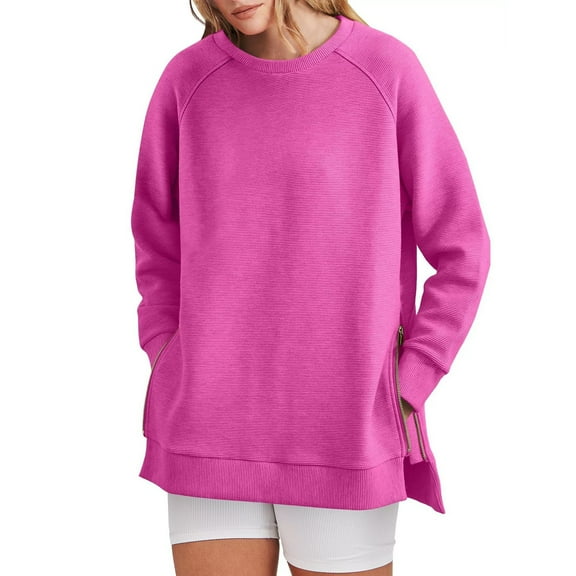 Women's Oversized Crewneck Sweatshirt with Side Zipper Detail, Long Sleeve Casual Pullover Top for Fall 2025 Season, Comfortable Loose Fit and Everyday Wear, Street Style Fashion Hot Pink L