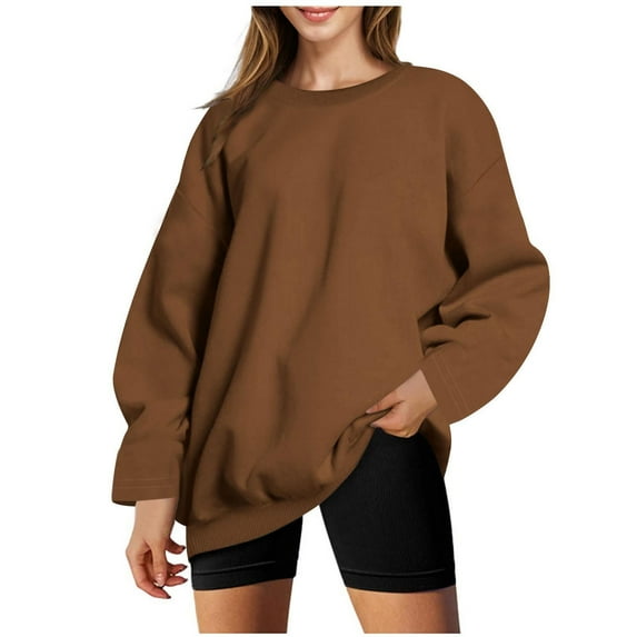Women's Oversized Crewneck Sweatshirts Hoodless Long Sleeve Plain Pullover Soft Cotton Fall Winter Casual Tops (L, Brown)