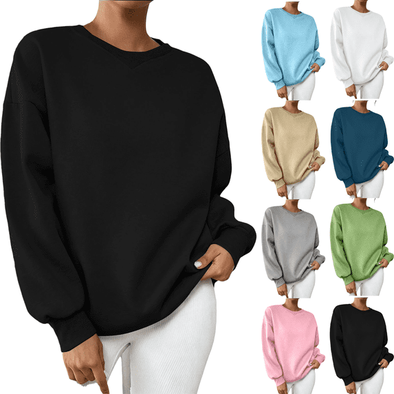 Women's Oversized Crewneck Sweatshirts Pullover Long Sleeve Solid-color Drop-shoulder Casual Sweatshirt