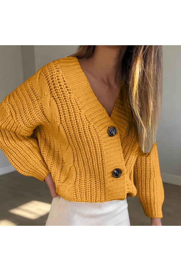 Women's Oversized Cropped Cardigan Chunky V Neck Short Kint Sweaters Lightweight Long Sleeve Button Up Out Cozy Outwear Sweater,2026 Fall Winter,Casual Daily Wear,Going Out,Office Work Yellow