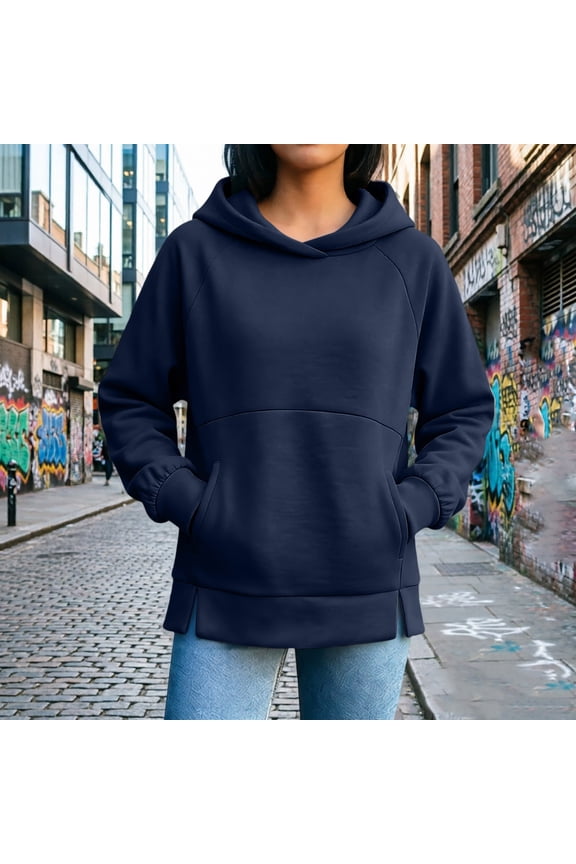 Women's Oversized Cropped Sweatshirt Women's Raglan Hooded Sweatshirt Oversized Long Sleeve Pullover with Side Slits & Pockets Fall Casual Tops Navy L