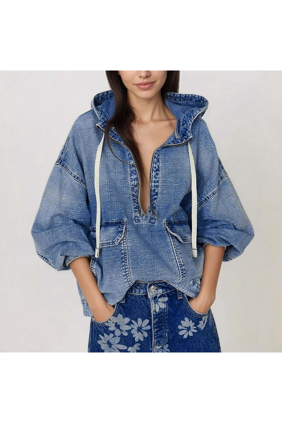 Women's Oversized Denim Hoodie Pullover Jackets Half Zip Long Sleeve Jean Hooded Sweatshirt Tops Fall Outfits,Blue M