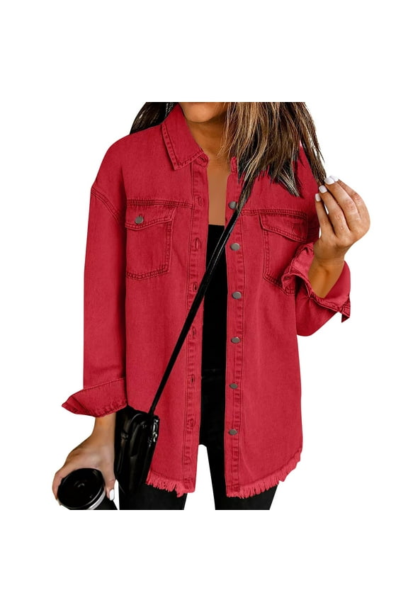 Women's Oversized Denim Jacket Boyfriend Button Down Frayed Hem Shacket Distressed Jean Jackets Fall Outfits Red 2XL