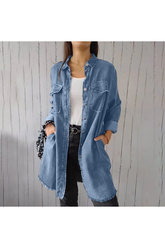 Women's Oversized Denim Jacket Button Up Frayed Hem Shacket Casual Long Sleeve Jean Fall Jacket