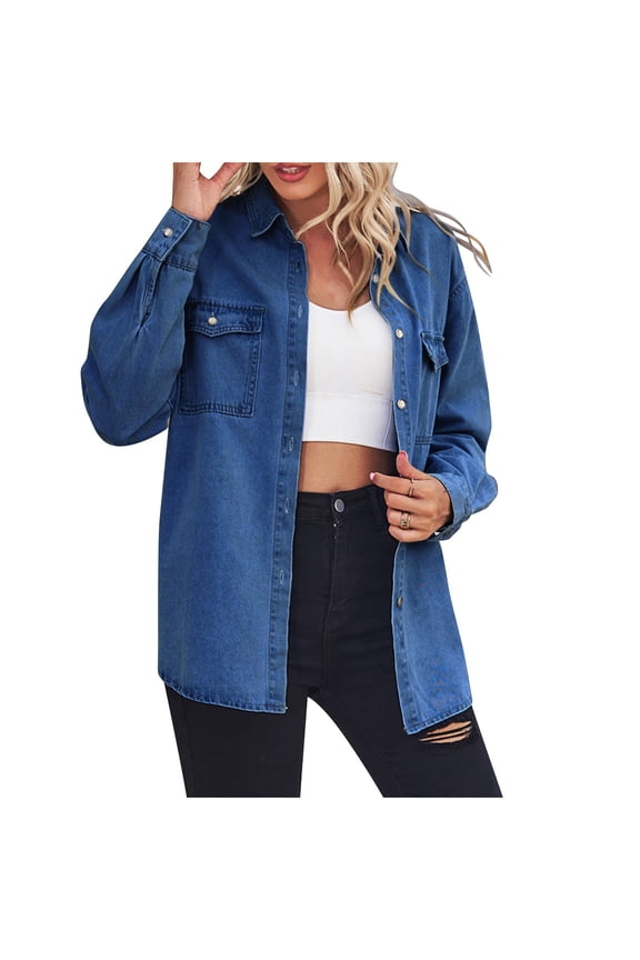 Women's Oversized Denim Jacket Casual Long Boyfriend Distresse Jean Jacket Autumn Spring Shackets with Pockets