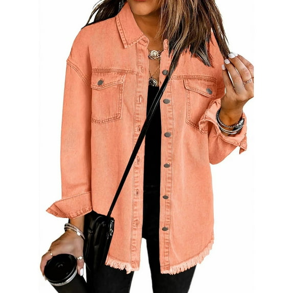Women's Oversized Denim Jacket Casual Long Boyfriend Distressed Jean Jacket Long Sleeve Button Up Frayed Hem Shacket