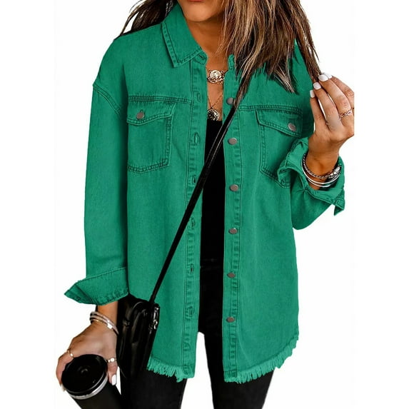 Women's Oversized Denim Jacket Casual Long Boyfriend Distressed Jean Jacket Long Sleeve Button Up Frayed Hem Shacket