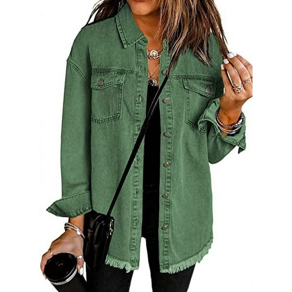 Women's Oversized Denim Jacket Casual Long Boyfriend Jean Jacket for Autumn Spring Green S Female