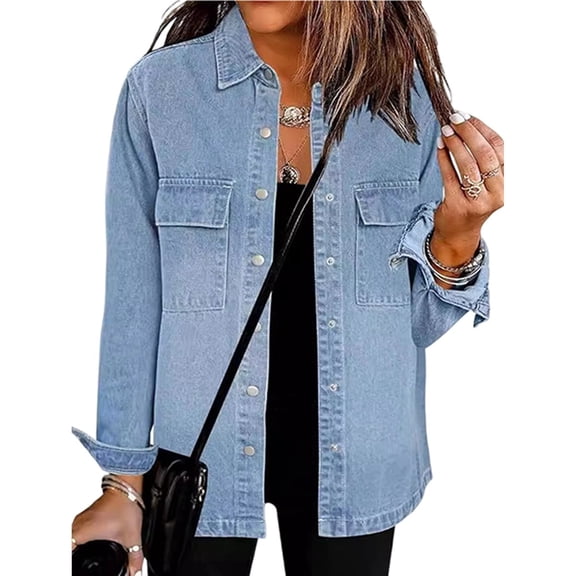 Women's Oversized Denim Jacket Casual Long Sleeve Denim Shirts Distresse Jean Jacket Fall Outfits Light Blue M