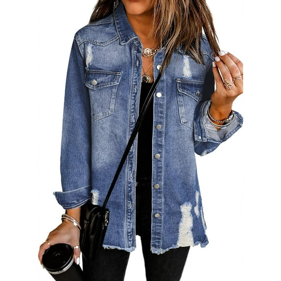 Women's Oversized Denim Jacket Casual Long Sleeve Denim Shirts Distresse Jean Jacket Fall Outfits