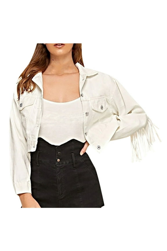 Women's Oversized Denim Jacket Fashion Women Casual Fringe Jacket Short Long-Sleeve Slim-Fitting Jacket Blouse Coat S-178 White M