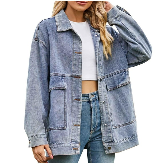 Women's Oversized Denim Jacket Long Sleeve Boyfriends Vintage Jean Jackets Button Coat with Pockets Streetwear Ladies Button Denim Jacket Blue L