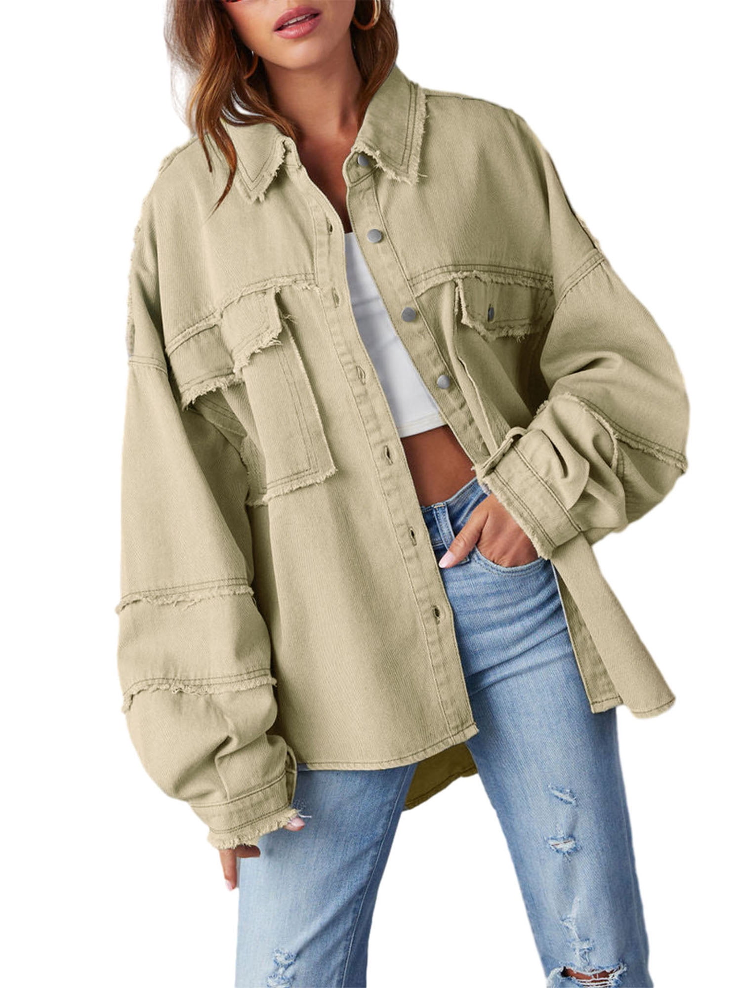 Women's Oversized Denim Jacket Long Sleeve Button Down Boyfriend Jean ...