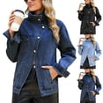thumbnail image 1 of Women's Oversized Denim Jacket Stand Collar Asymmetric Button Long Sleeve Casual Jean Coat Vintage Washed Street Outerwear with Pockets Light Blue, 1 of 9