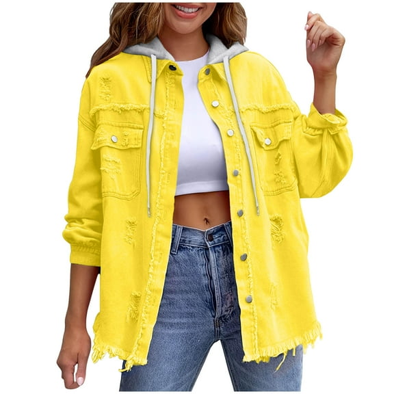 Women's Oversized Denim Jacket with Hood Long Sleeve Button Up Jean Jackets Frayed Hem Shacket Retro Western Boyfriend Coat