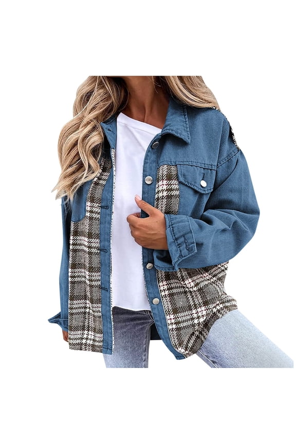 Women's Oversized Denim Jackets Plaid Patchwork Lapel Button Front Loose Fitting Jean Shacket Coat Blue S
