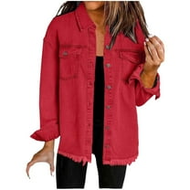 Women’s Oversized Denim Shirt, Long Sleeve Frayed Hem Button Shacket with Pockets Denim Jean Jackets Teens Streetwear Long Sleeves Denim Jean Jacket L
