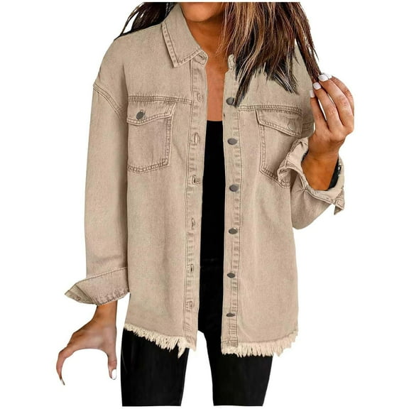 Women’s Oversized Denim Shirt, Long Sleeve Frayed Hem Button Shacket with Pockets Denim Jean Jackets Teens Streetwear Khaki S