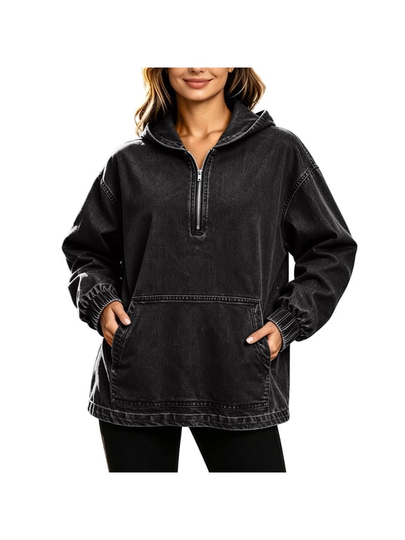 Women's Oversized Denim Sweatshirts Soft Stretch Long Sleeve Jean Jacket with Kangaroo Pocket Vintage Casual Fall Street Outwear Black