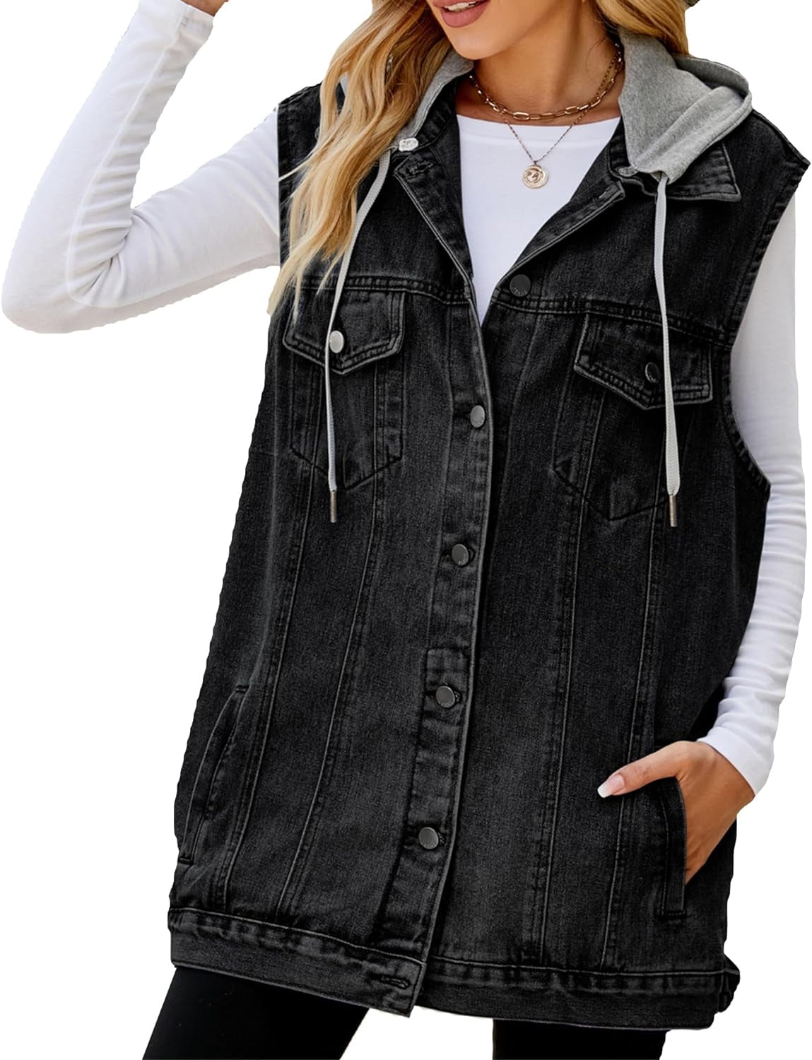 Women's Oversized Denim Vest Mid Long Jean Vest Sleeveless