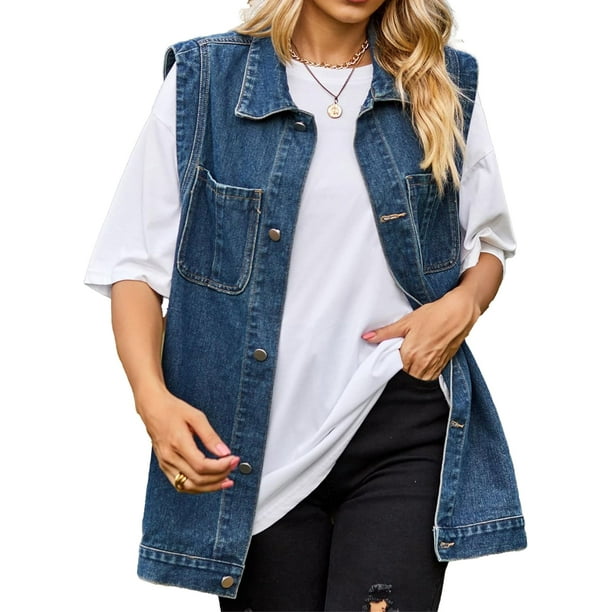 Women s Oversized Denim Vest Mid Long Jean Vest Sleeveless Jackets Distressed Vest Cotton
