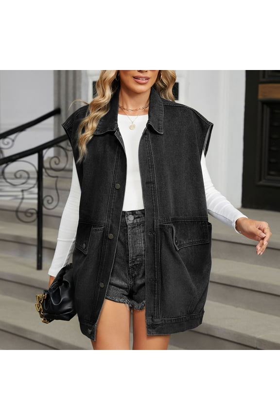 Women's Oversized Denim Vest, Sleeveless Button Jean Coat, Vintage Washed Denim Waistcoat with Patch Pockets Black S