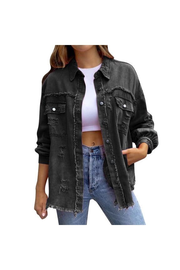 Women's Oversized Distressed Denim Jacket, Long Sleeve Ripped Jean Jacket, Casual Button Up Shacket, Fall Layering Piece, Trendy Outerwear Black M