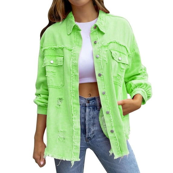 Women's Oversized Distressed Denim Jacket, Long Sleeve Ripped Jean Jacket, Casual Button Up Shacket, Fall Layering Piece, Trendy Outerwear Green XL