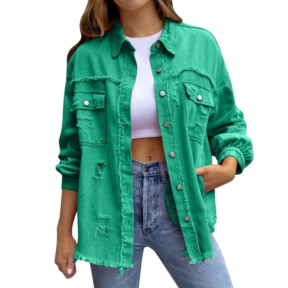 Women's Oversized Distressed Denim Jacket, Long Sleeve Ripped Jean Jacket, Casual Button Up Shacket, Fall Layering Piece, Trendy Outerwear JN L