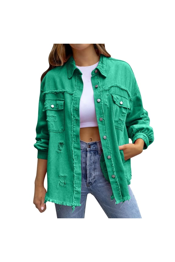 Women's Oversized Distressed Denim Jacket, Long Sleeve Ripped Jean Jacket, Casual Button Up Shacket, Fall Layering Piece, Trendy Outerwear JN M