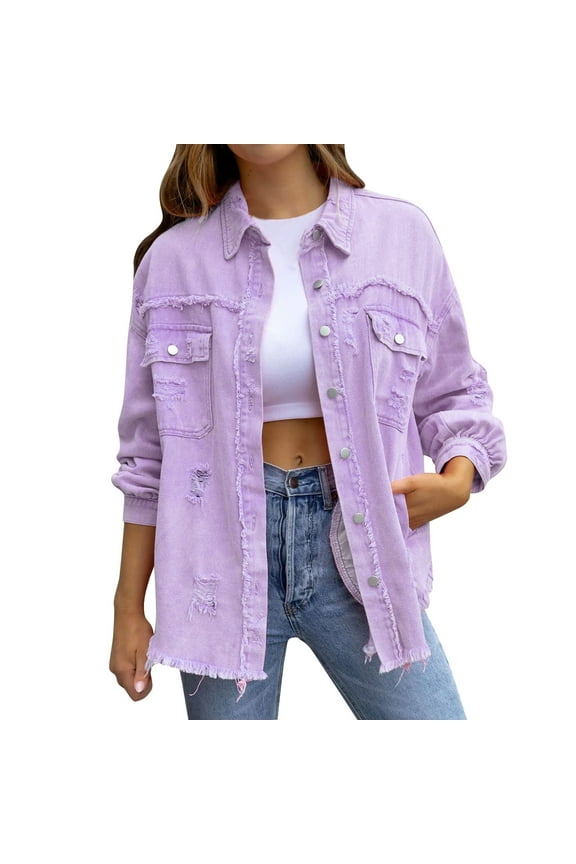 Women's Oversized Distressed Denim Jacket, Long Sleeve Ripped Jean Jacket, Casual Button Up Shacket, Fall Layering Piece, Trendy Outerwear Purple M