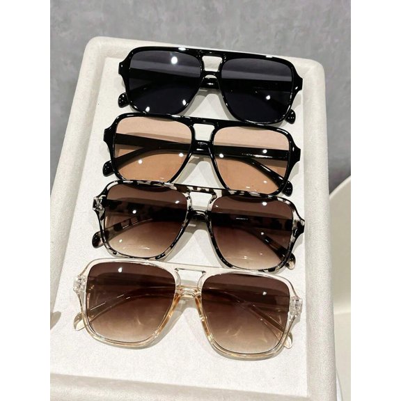 Women's Oversized Double Beam Geometric Glasses, Fashionable & Versatile Accessory Fits All Face Shapes, Suitable for Beach, Travel & Daily Wear