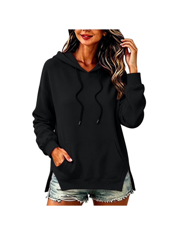 Women's Oversized Drawstring Hoodie Sweatshirt, Drop Shoulder Loose Fit Casual Top with Front Pouch Pocket, Cozy Long Sleeve Pullover for Fall Winter Streetwear Daily Wear Black L