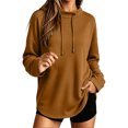 thumbnail image 1 of Women's Oversized Drawstring Hoodies Mock Neck Long Sleeve Curved Hem Pullover Soft Lightweight Tunic Sweatshirt Fall Fashion Tops Brown, 1 of 9