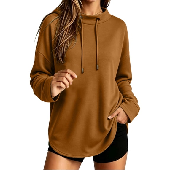 Women's Oversized Drawstring Hoodies Mock Neck Long Sleeve Curved Hem Pullover Soft Lightweight Tunic Sweatshirt Fall Fashion Tops Brown
