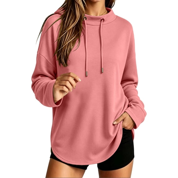 Women's Oversized Drawstring Hoodies Mock Neck Long Sleeve Curved Hem Pullover Soft Lightweight Tunic Sweatshirt Fall Fashion Tops Red