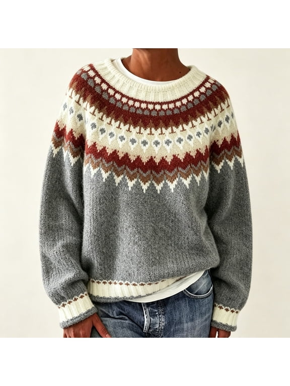 Women's Oversized Fair Isle Sweater,Colorblock Crewneck Pullover,Heavyweight Cotton-Blend Knit Tops,Soft Chunky Yarn Sweater for Women,Casual Loose Fit Fall Winter Top Light Ashy XS