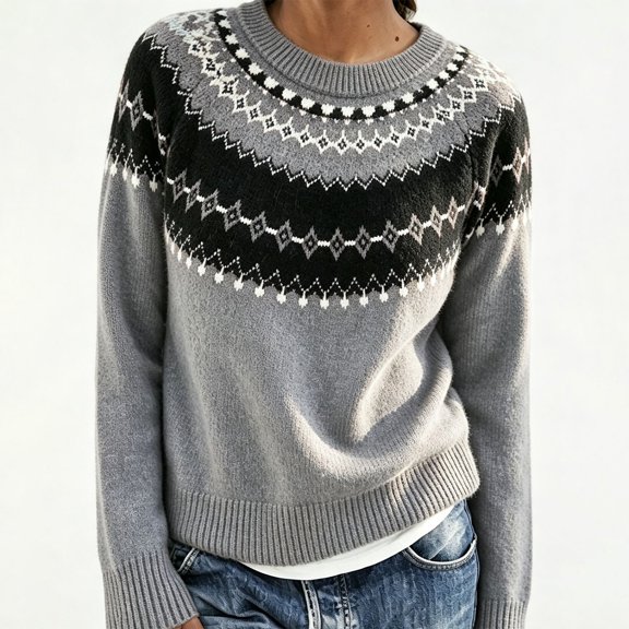 Women's Oversized Fair Isle Sweater,Colorblock Crewneck Pullover,Heavyweight Cotton-Blend Knit Tops,Soft Chunky Yarn Sweater for Women,Casual Loose Fit Fall Winter Top Light Ashy XS