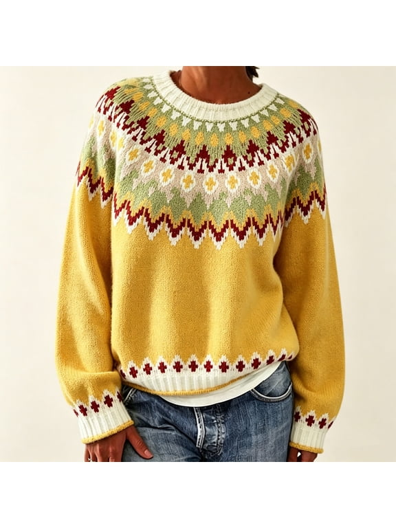 Women's Oversized Fair Isle Sweater,Colorblock Crewneck Pullover,Heavyweight Cotton-Blend Knit Tops,Soft Chunky Yarn Sweater for Women,Casual Loose Fit Fall Winter Top Yellow XS