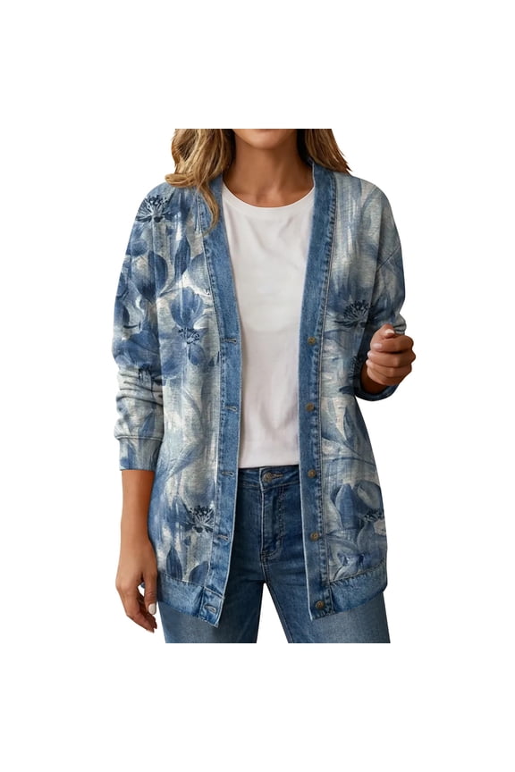 Women's Oversized Fake Denim Jacket Long Sleeve Button Down Fashion Print Imitation Jean Coat Casual Lightweight Trendy Outerwear